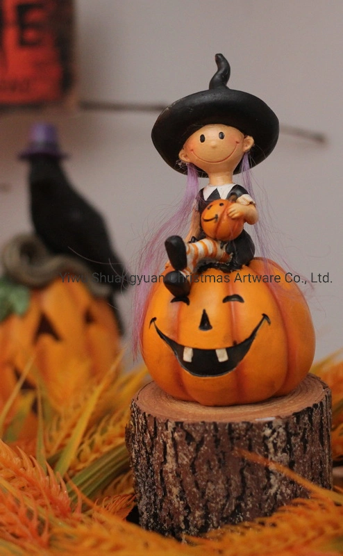 Home Decoration Halloween Crafts Wholesale Resin Girl Halloween Decoration with Pumpkin and Skeleton