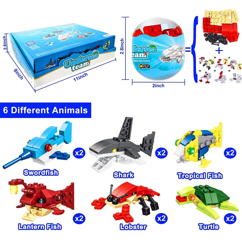 12 PCS Pack Filled Easter Egg Gift with Sea Animal Bricks Easter Basket Surprise Eggs Gift Building Block Sets Plastic Easter Eggs